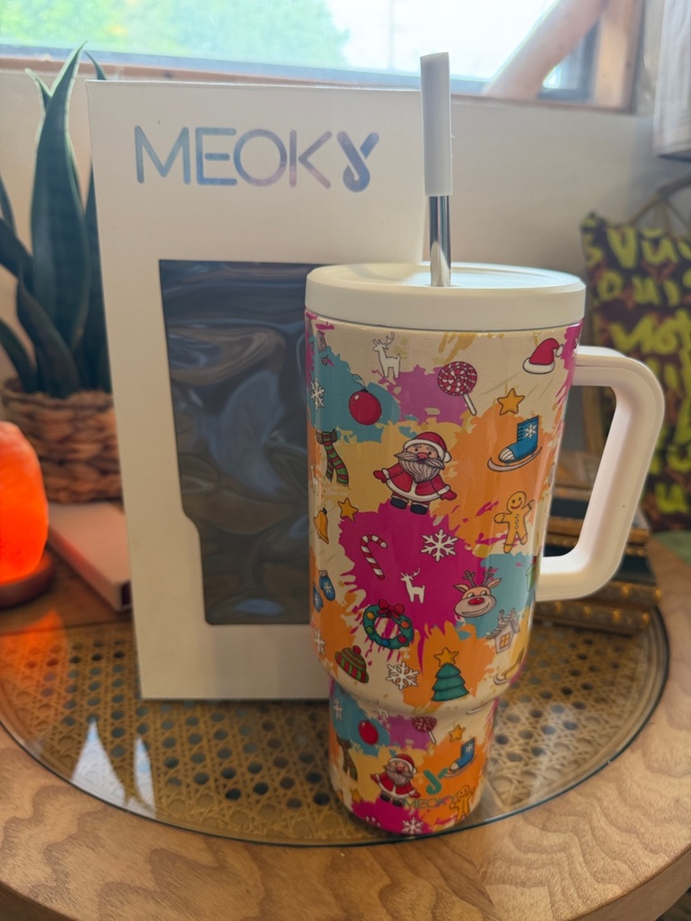 MEoky Holiday Illustration Travel Mug in White, Pink, Blue, Yellow